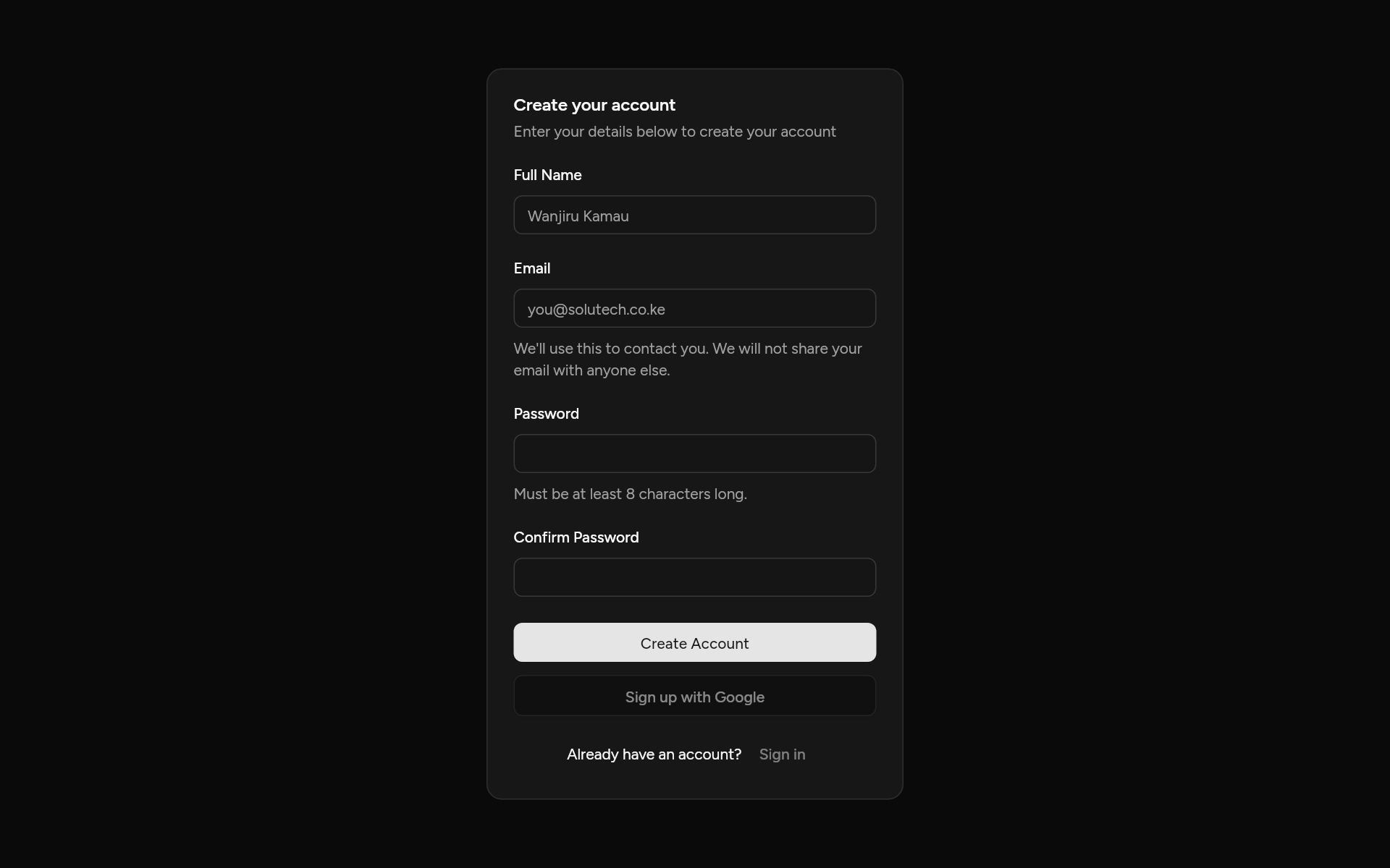 signup-01, as it looks in an app, dark