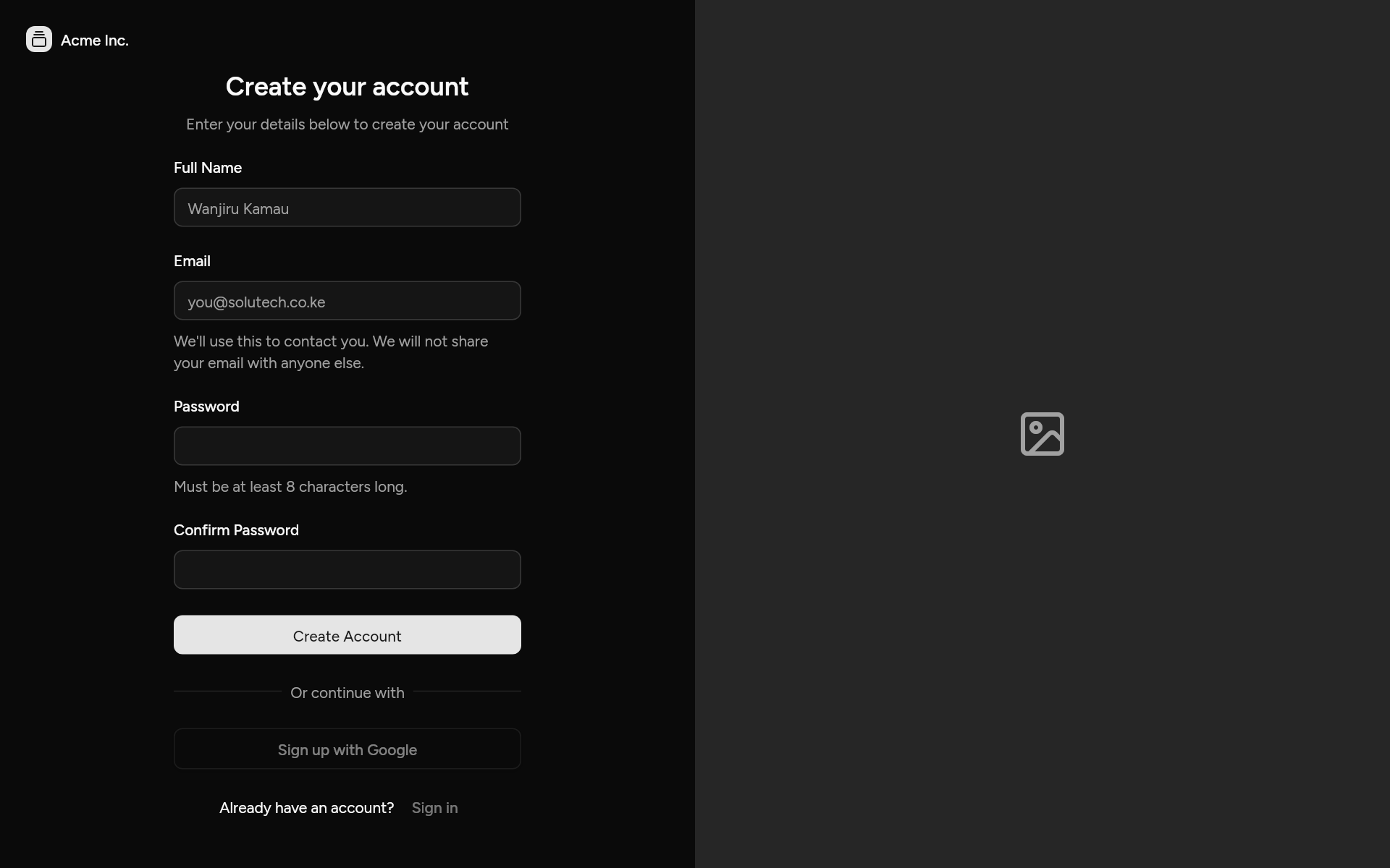 signup-02, as it looks in an app, dark