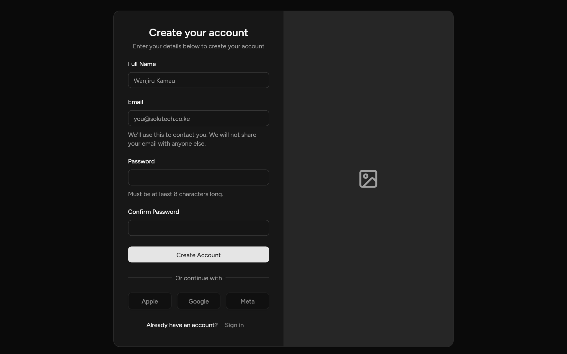 signup-04, as it looks in an app, dark