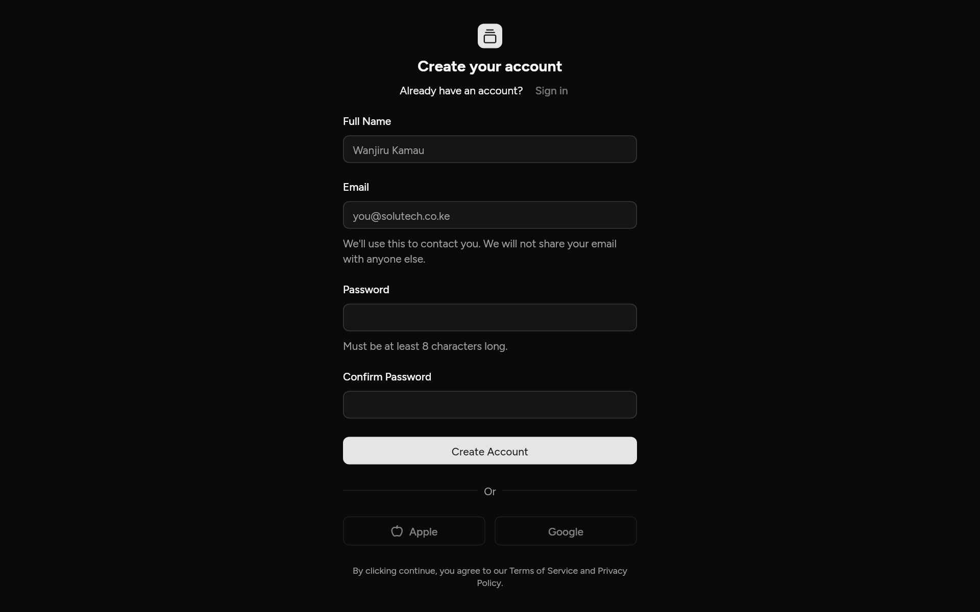 signup-05, as it looks in an app, dark