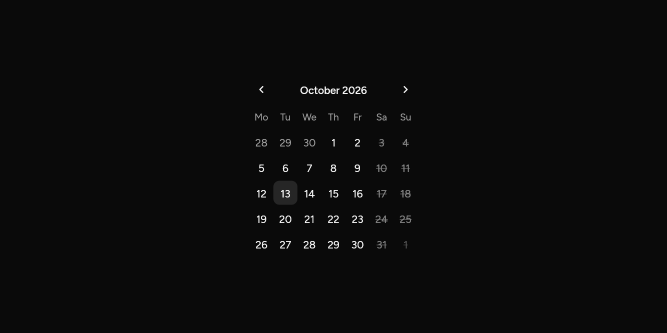 Days that cannot be picked, as it looks in an app, dark