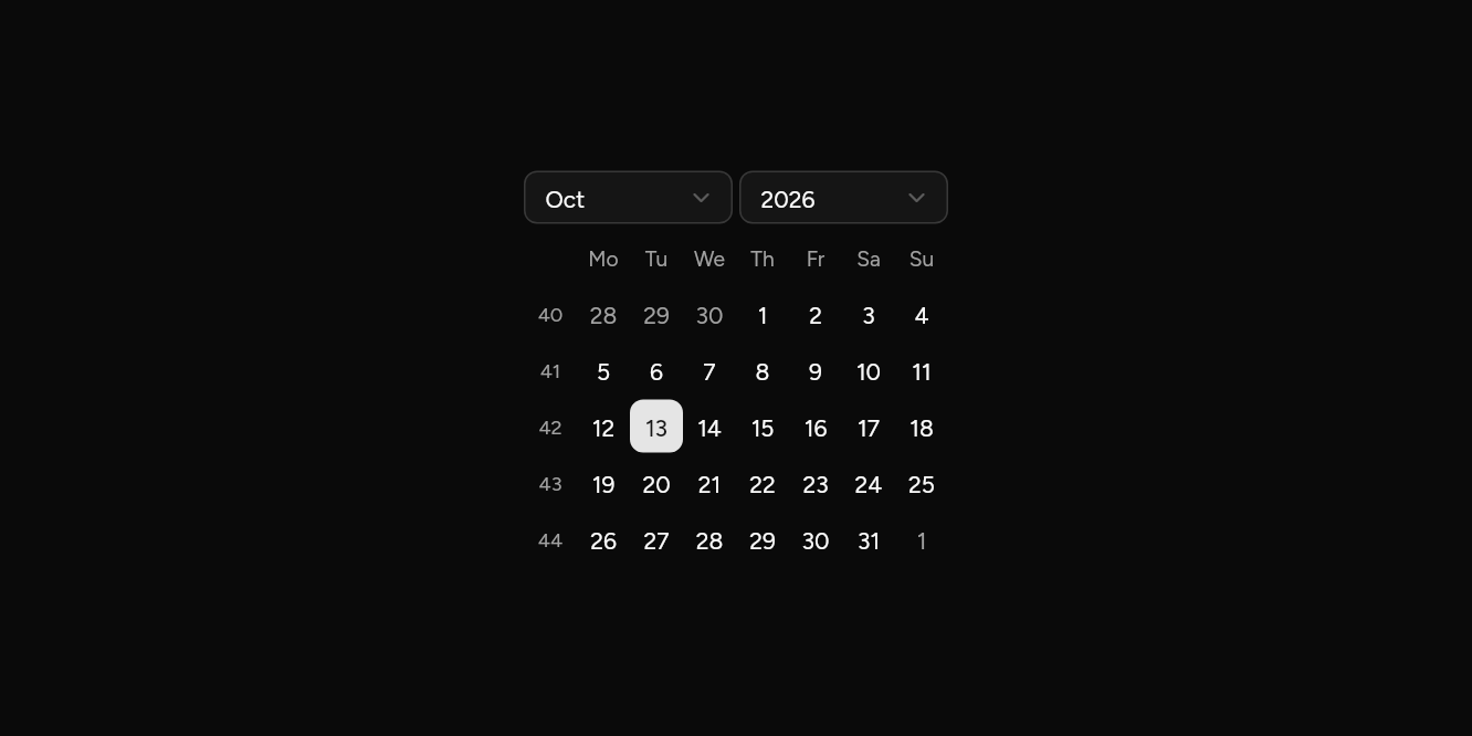Week numbers and dropdowns, as it looks in an app, dark