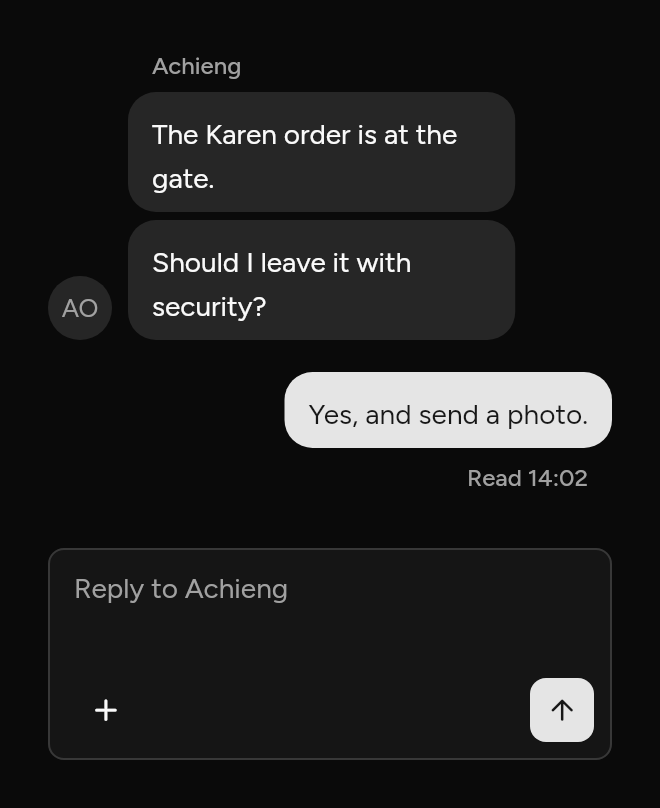 A conversation, as it looks in an app, dark