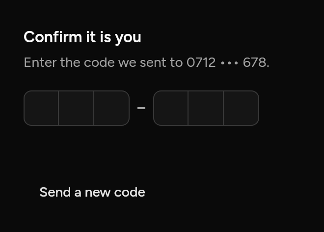 A verification code, as it looks in an app, dark