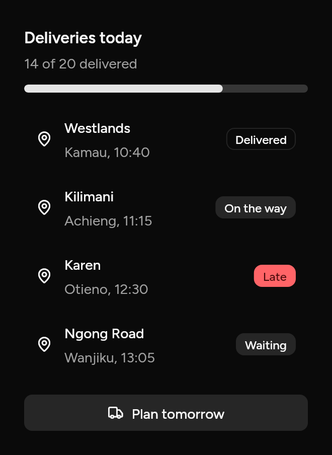Today's deliveries and how far along they are, as it looks in an app, dark