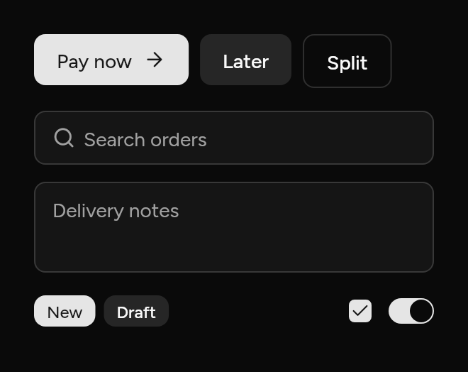Buttons, a search field, notes, badges, a checkbox and a switch, as it looks in an app, dark