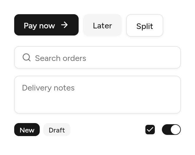 Buttons, a search field, notes, badges, a checkbox and a switch, as it looks in an app