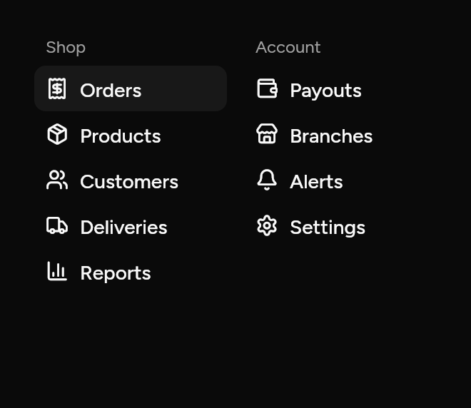A shop's navigation, as it looks in an app, dark