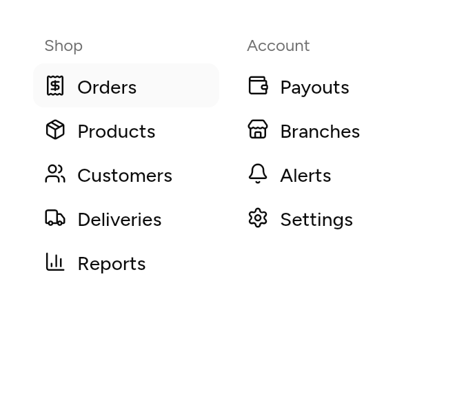 A shop's navigation, as it looks in an app