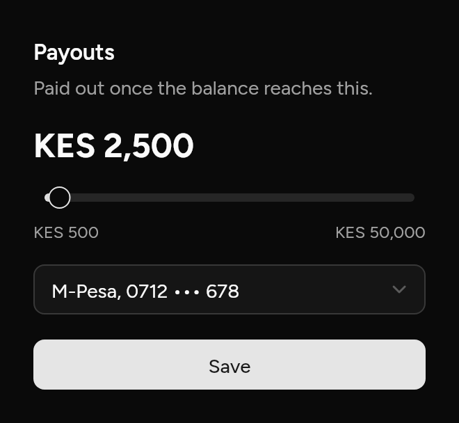 Payout settings with a slider, as it looks in an app, dark