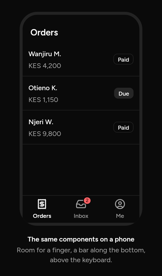 The same components as an app on a phone, as it looks in an app, dark