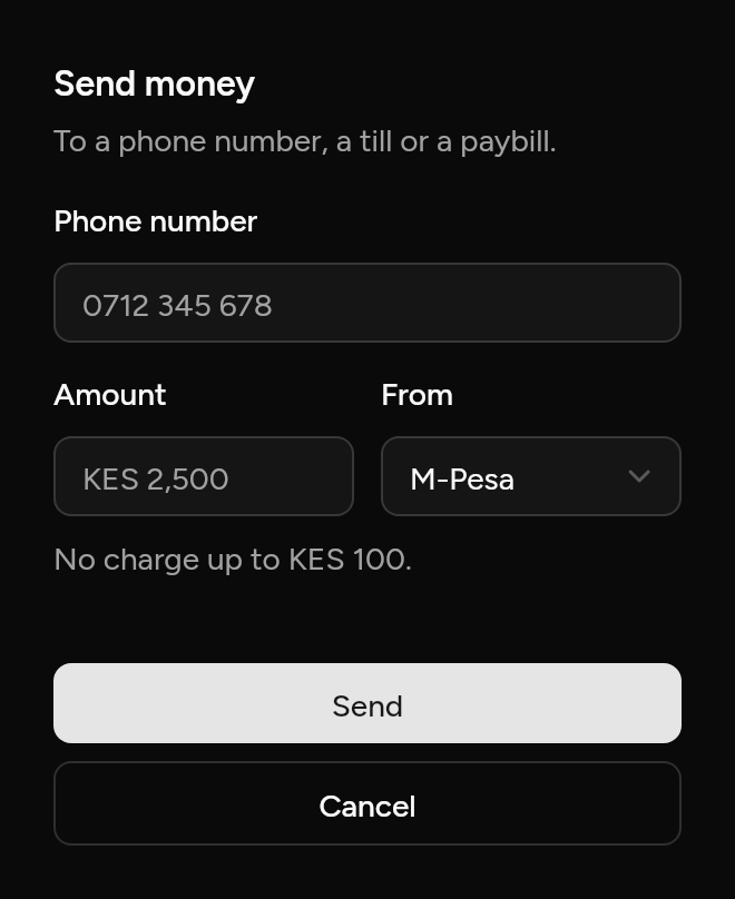 A form to send money, as it looks in an app, dark