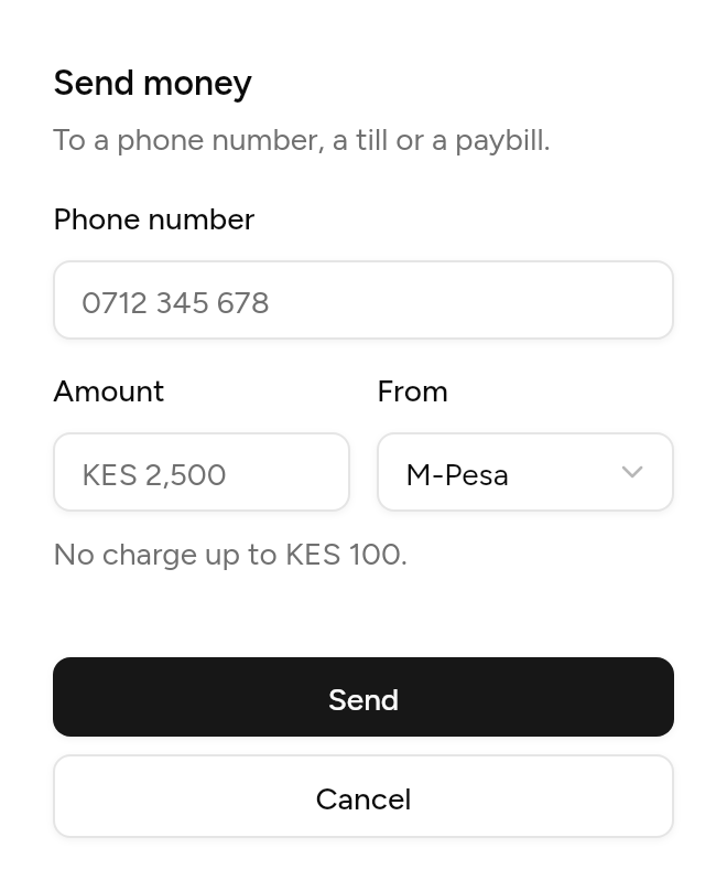 A form to send money, as it looks in an app