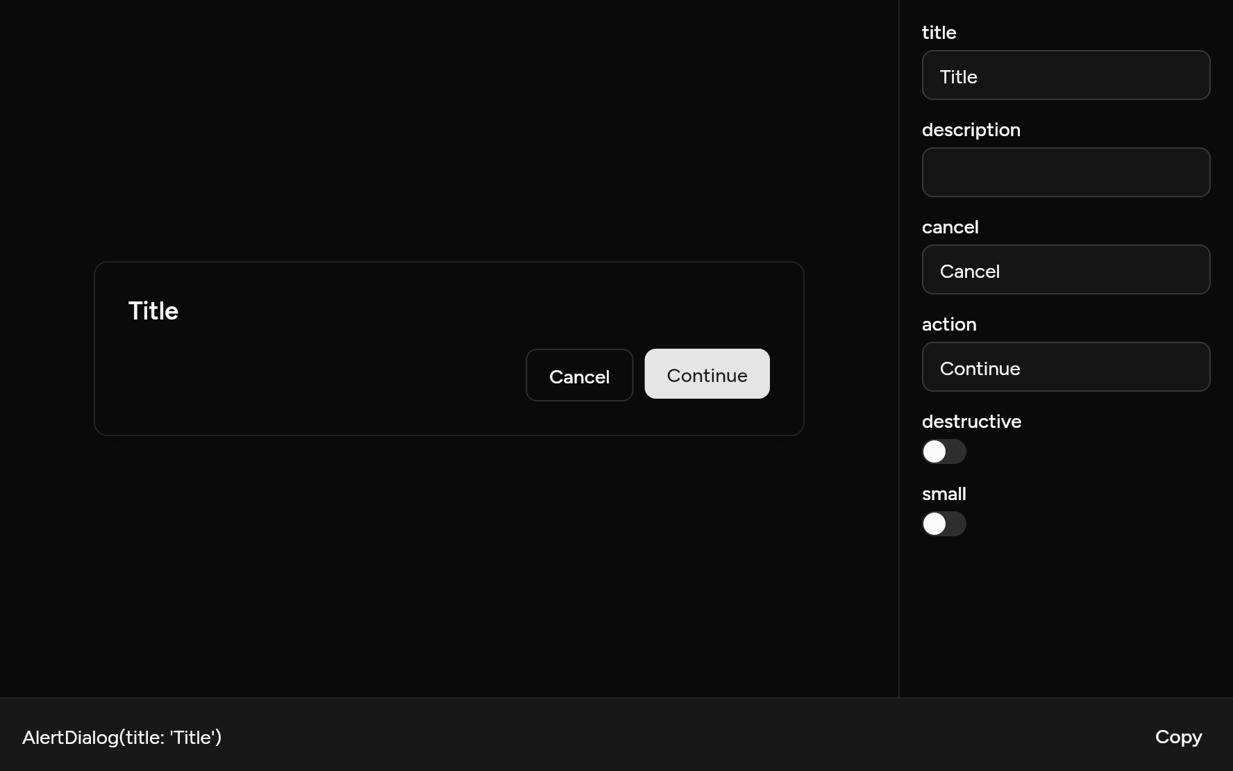 Alert Dialog with controls, as it looks in an app, dark