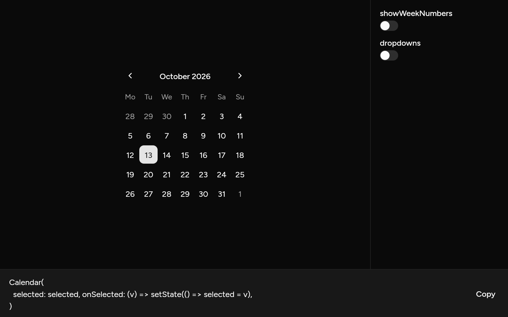 Calendar with controls, as it looks in an app, dark