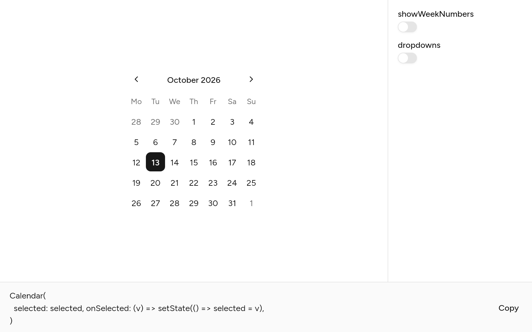 Calendar with controls, as it looks in an app