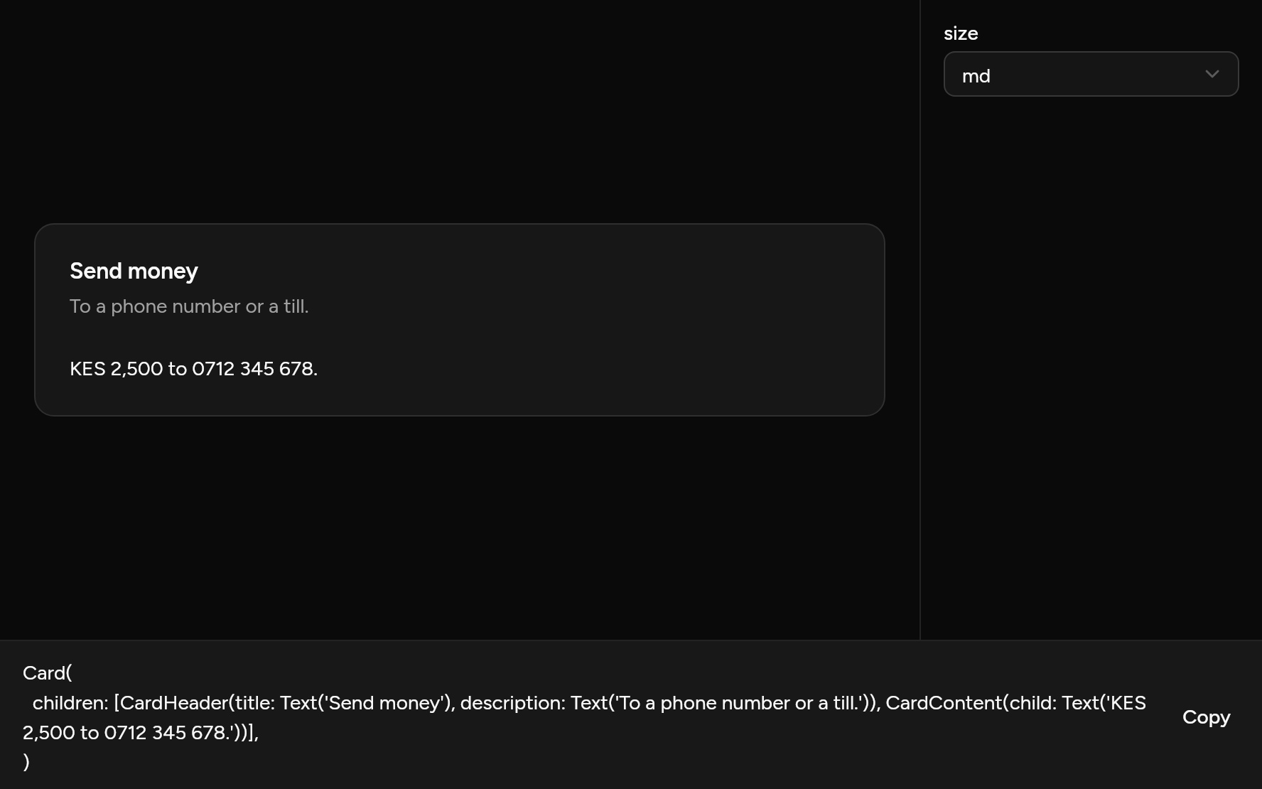 Card with controls, as it looks in an app, dark