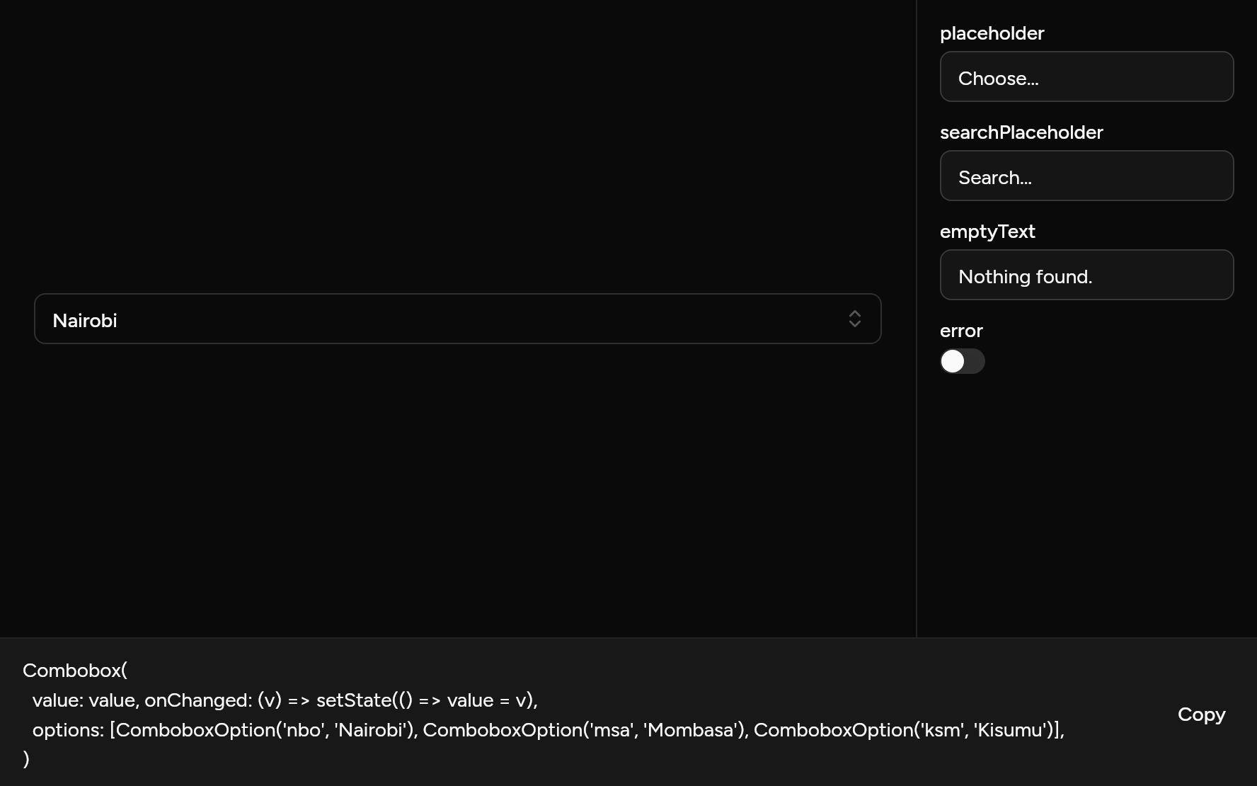 Combobox with controls, as it looks in an app, dark