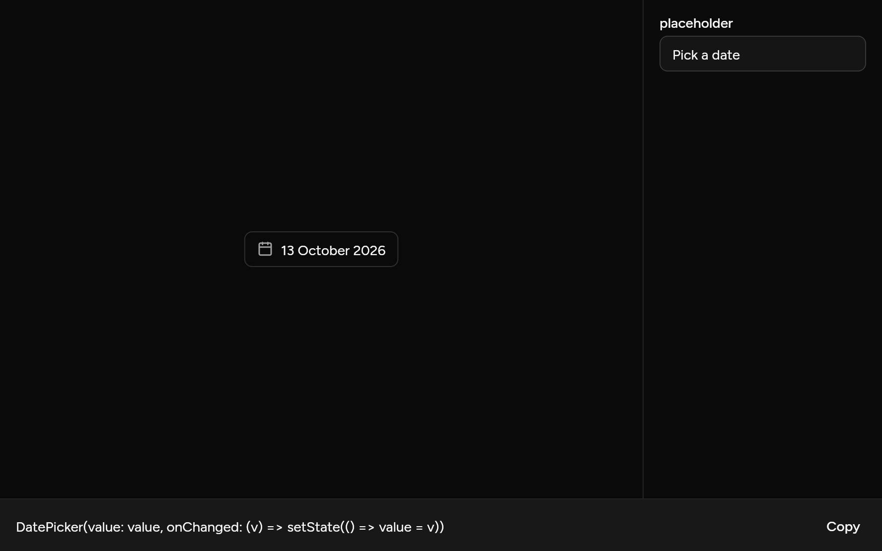 Date Picker with controls, as it looks in an app, dark