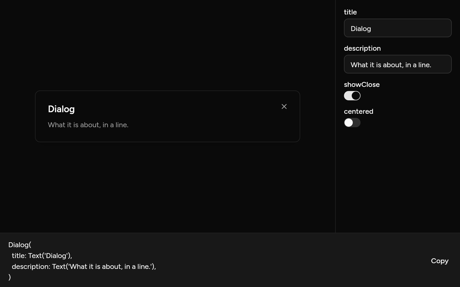 Dialog with controls, as it looks in an app, dark