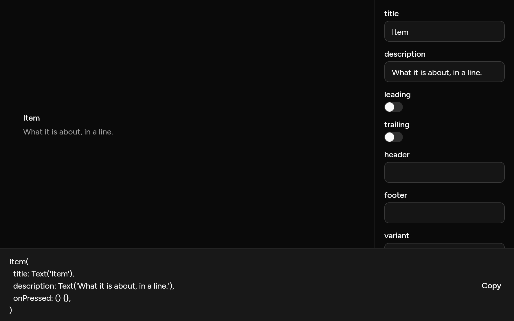 Item with controls, as it looks in an app, dark