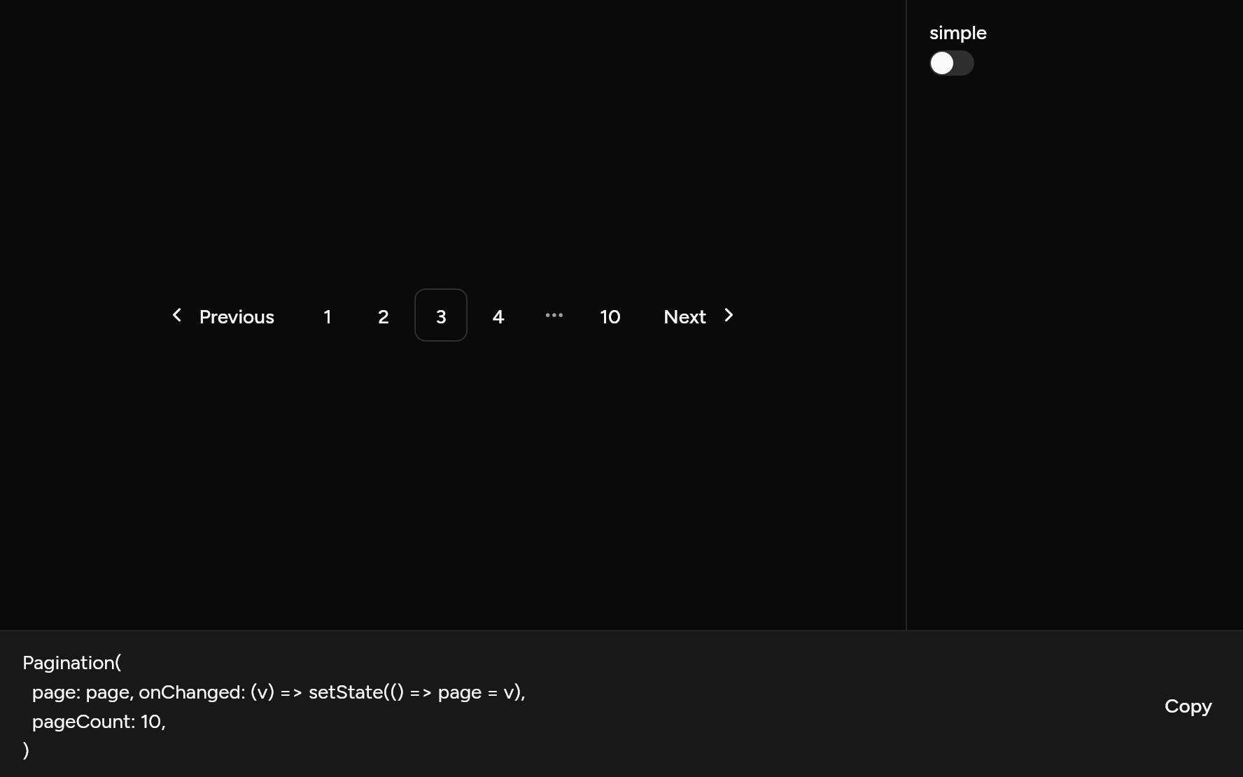 Pagination with controls, as it looks in an app, dark
