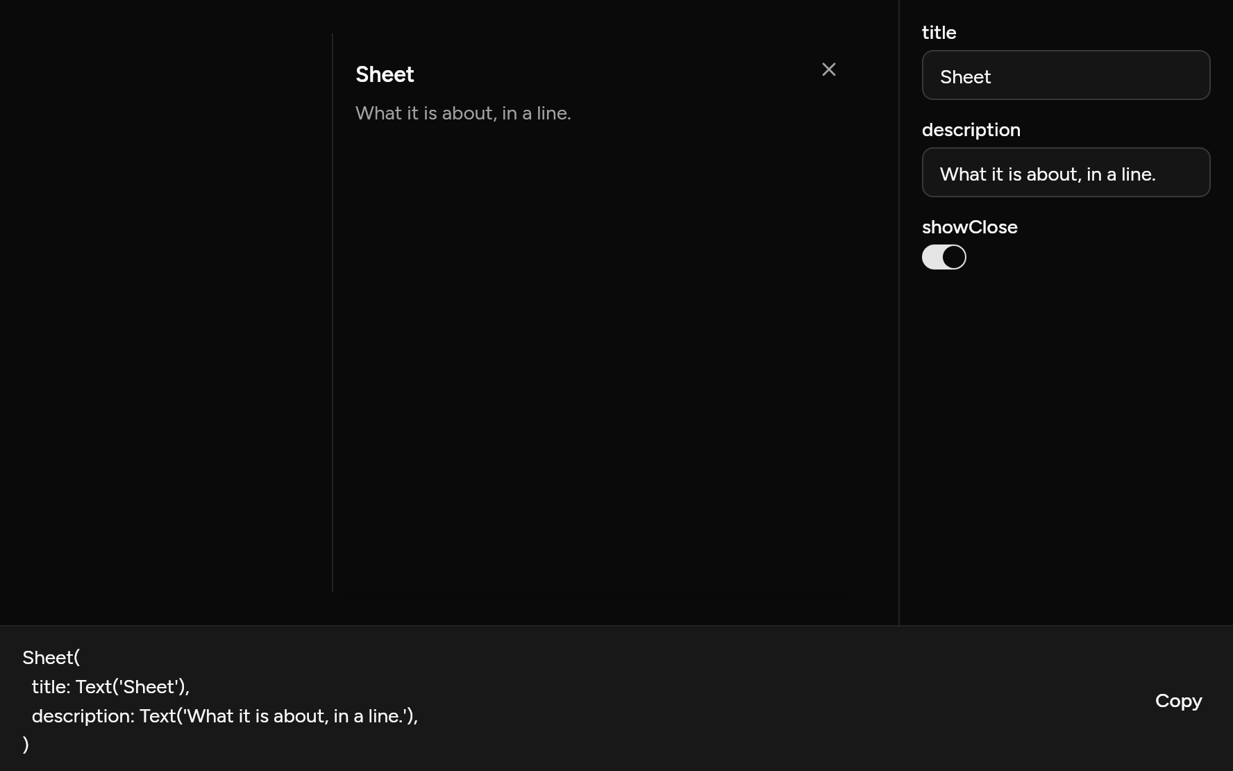 Sheet with controls, as it looks in an app, dark