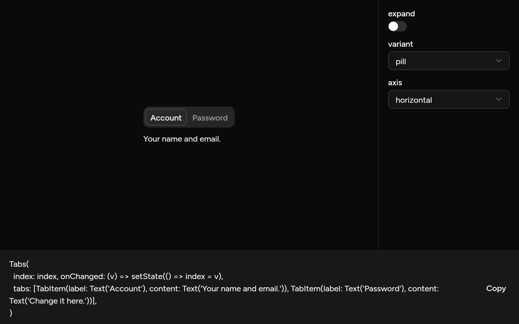 Tabs with controls, as it looks in an app, dark