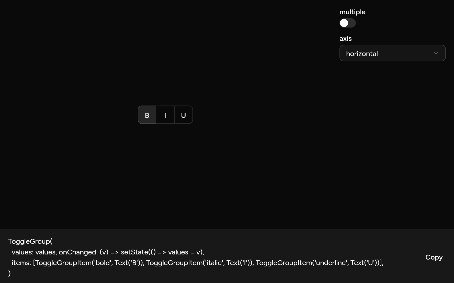 Toggle Group with controls, as it looks in an app, dark